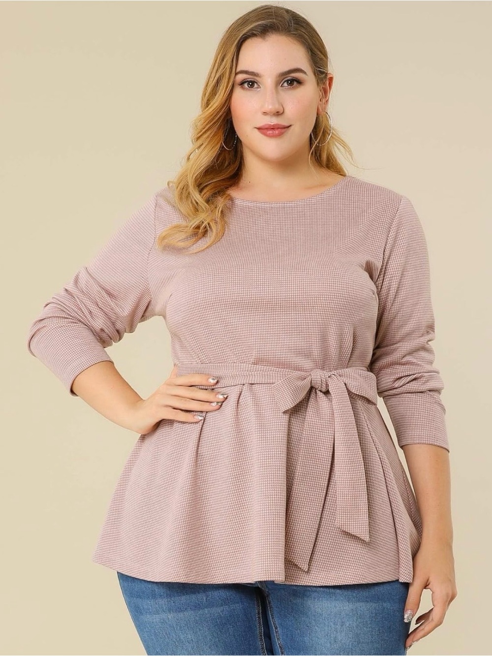 *NEW* Sz 3X Agnes Orinda Peplum Pink Houndstooth Belted Top